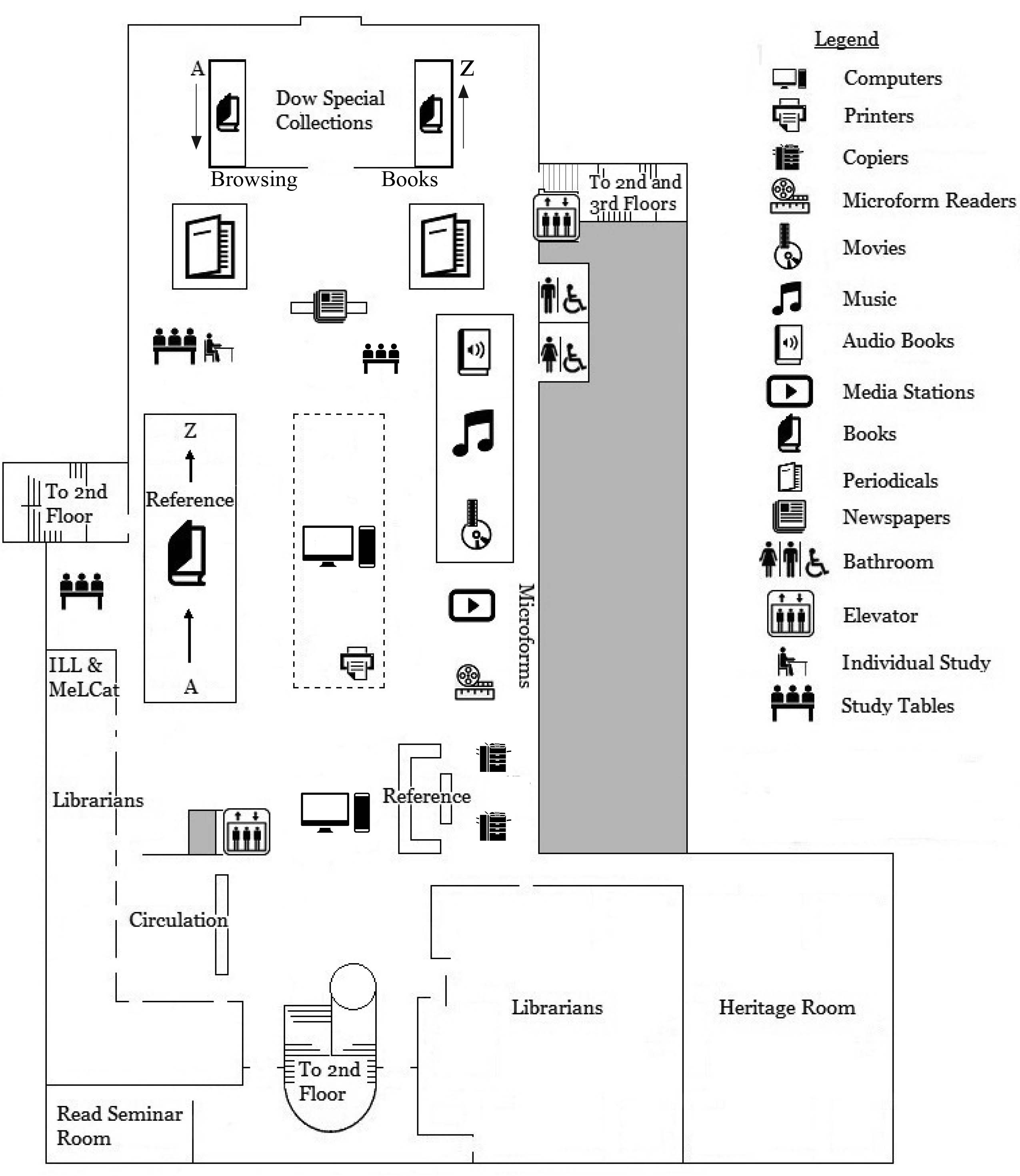 Floor plan of Mossey Library 1st Floor.